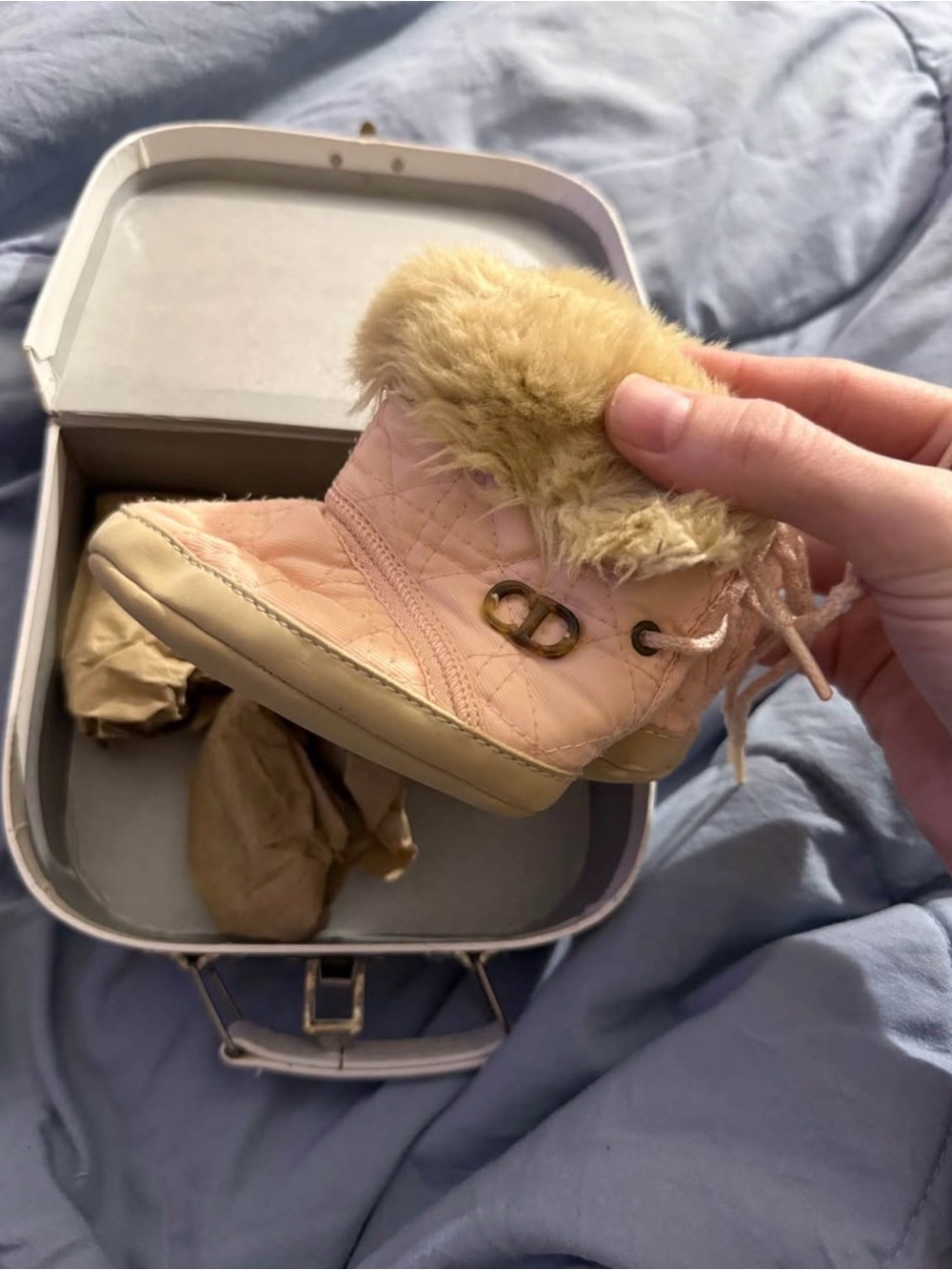 Kids Quilted Faux-Fur Lined Pink Booties BABY DIOR
